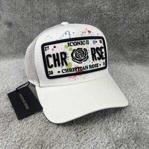 Christian Rose London Iconic II Trucker Mesh Hat White Paint Splatter Plate Cap